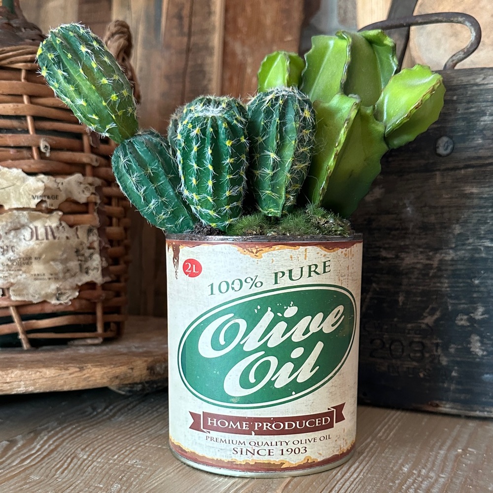 NWOT Faux Cactus in Olive Oil Tin Can